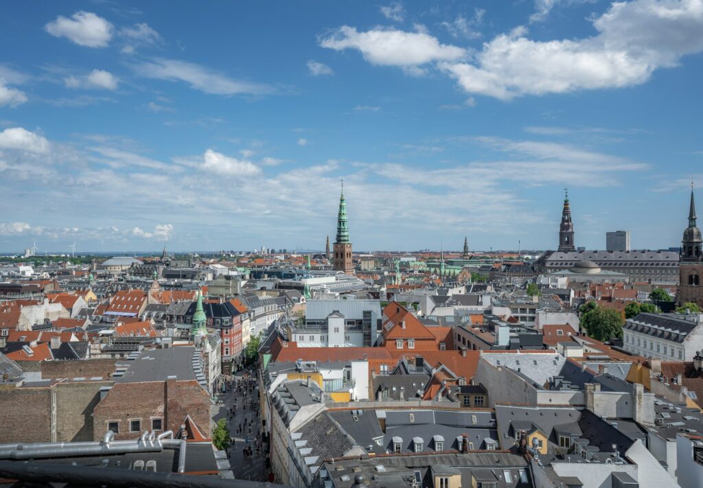 Aerial view of Copenhagen City and Kobmagergade pedestrian shopping street - Copenhagen, Denmark